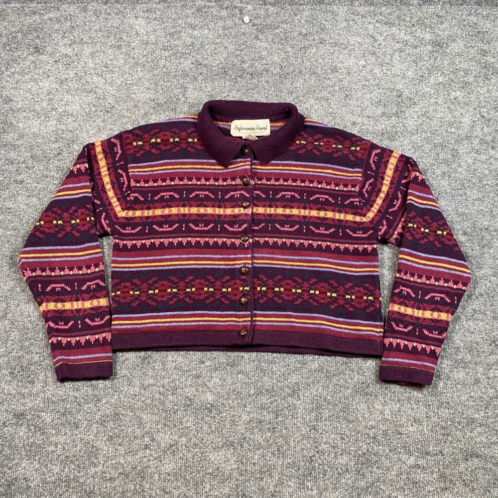 Reference Point Vintage Fair Isle Collared Cardigan Sweater Burgundy L Cropped